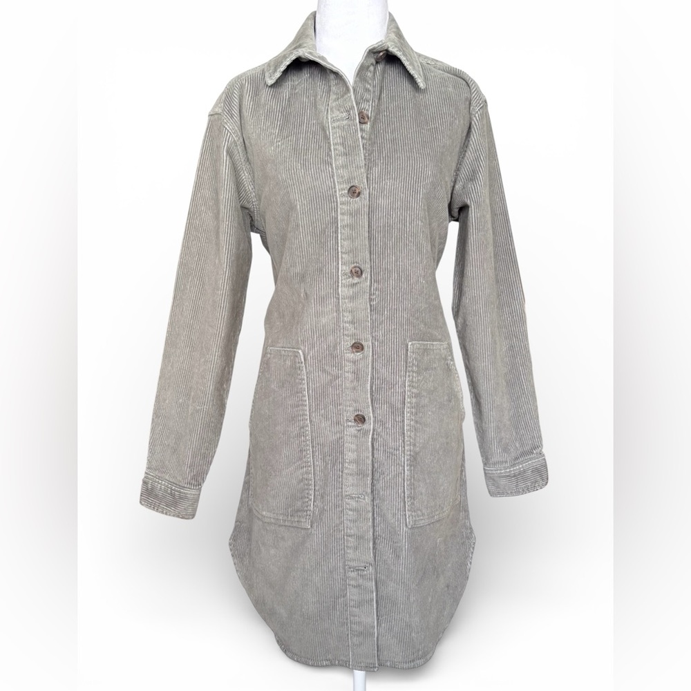 GAP Corduroy Grey Sage Green Cotton Boyfriend Button Down Long Shirt Shacket XS